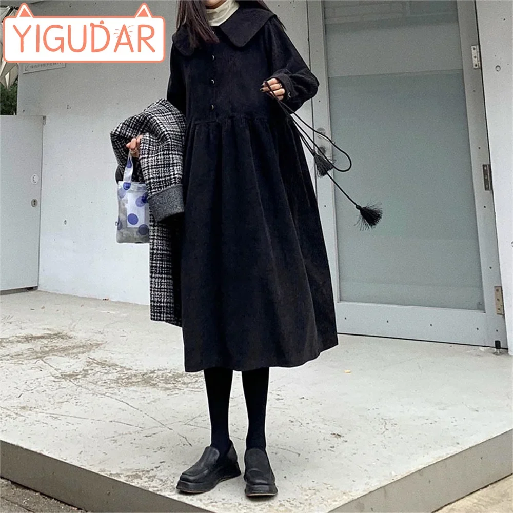 Top Trends: Autumn And Winter New Pregnant Women's Dress Corduroy Loose Korean Edition Doll Neck Vintage Lantern Sleeves Mid Length Dress Shoppable Styles