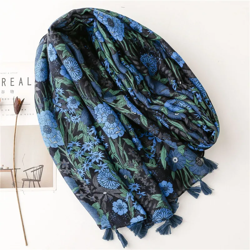 Top Trends: Aztec Abstract Navy Blue Floral Tassel Viscose Shawl Scarf High Quality Print Soft Foulards Bufandas Muslim Hijab Sjaal 180*90Cm Shoppable Styles - Image 2