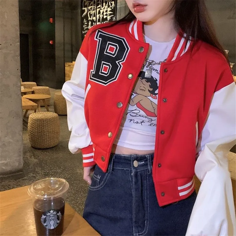 Top Trends: Brown Baseball Fashion Fall Jackets For Women 2023 Patchwork Button Black Crop Top Jackets Coats Red Varsity Bomber Jacket Shoppable Styles