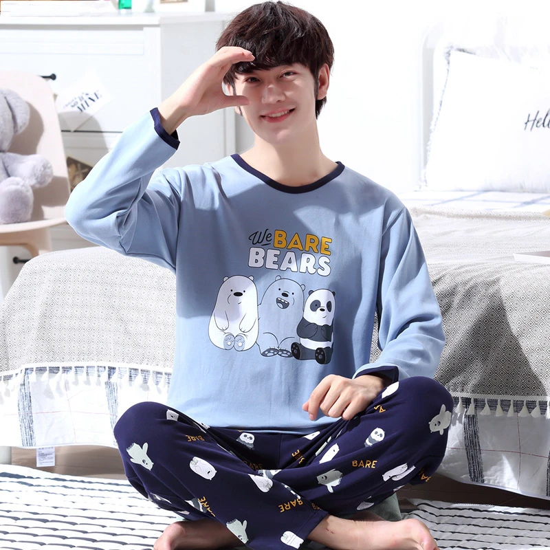 Top Trends: 2023 Spring Long Sleeve Cotton Pajama Sets For Men Korean Cute Cartoon Sleepwear Pyjama Male Homewear Home Clothes Homme Shoppable Styles