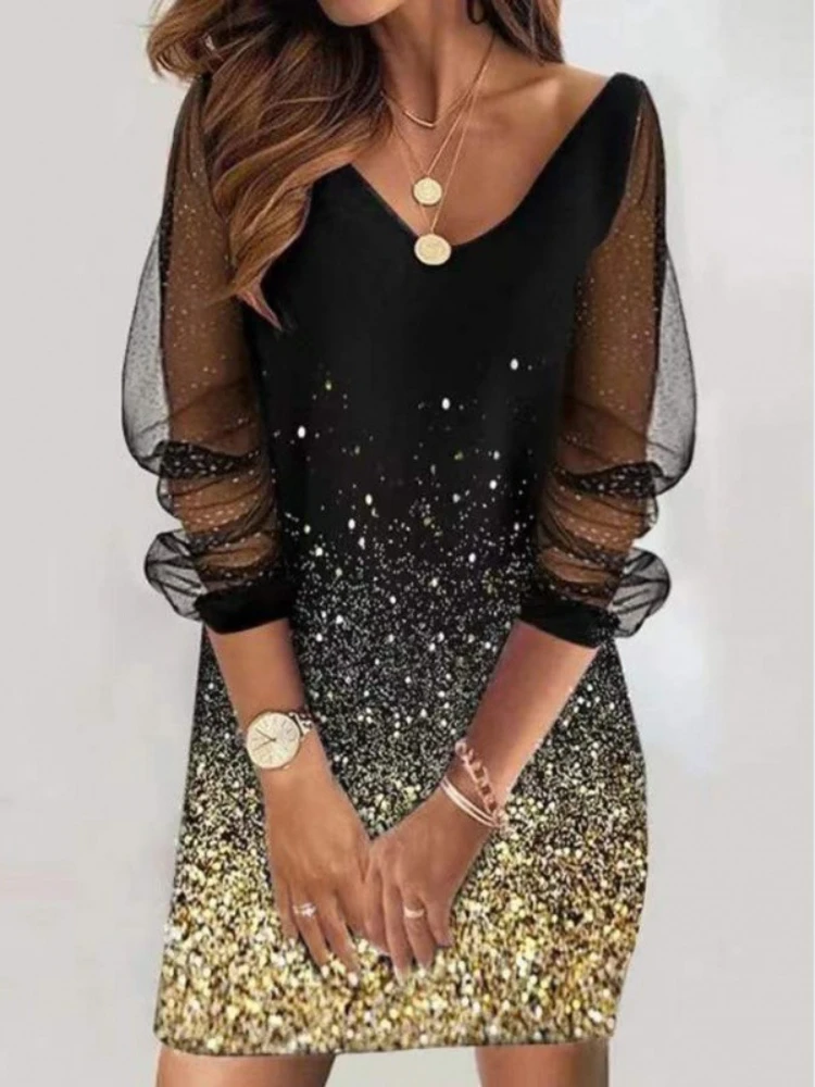 Top Trends: Sexy Mesh Sleeves V Neck Sequins Print Slim Bodycon Dress Women Long Sleeves Causal Dress Elegant Club Party Vestidos Shoppable Styles