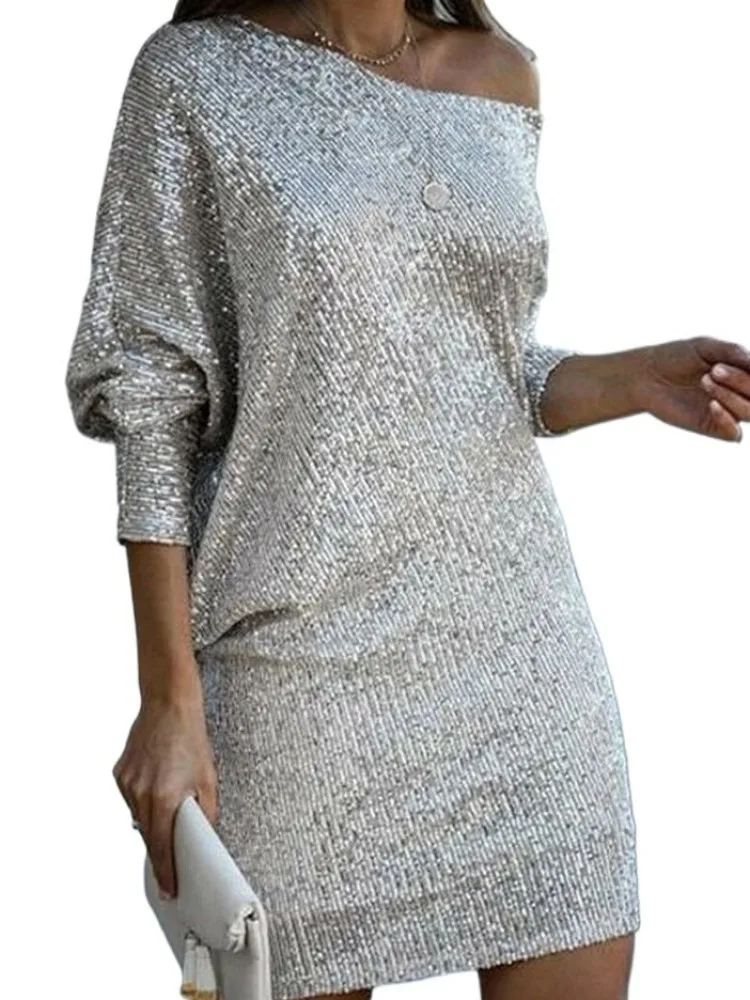 Top Trends: Long Sleeve Sequins Shiny Short Dress Loose Club Party Mini Dresses For Mom Solid New Fashion Women Evening Dress Spring Autumn Shoppable Styles