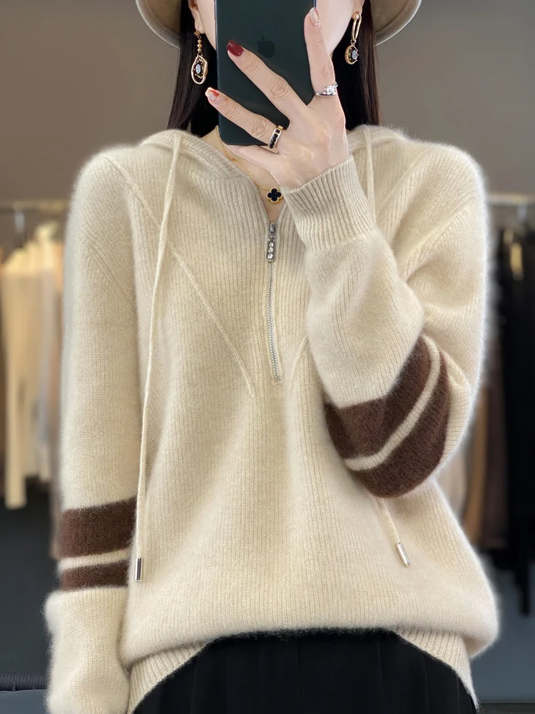 Top Trends: Addonee Autumn Winter Women Sweater Hoodie 100% Merino Wool Zipper Casual Thick Pullover Cashmere Knitted Coat Korean Fashion Shoppable Styles