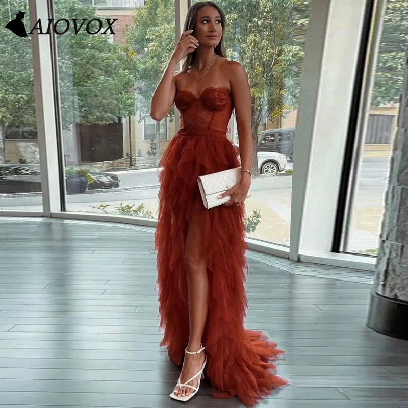 Top Trends: Women's Prom Party Dresses Strapless Lace Long Cocktail Gown Ruffles Tulle With Train Split Illusion Vestido De Gala Custom-Made Shoppable Styles