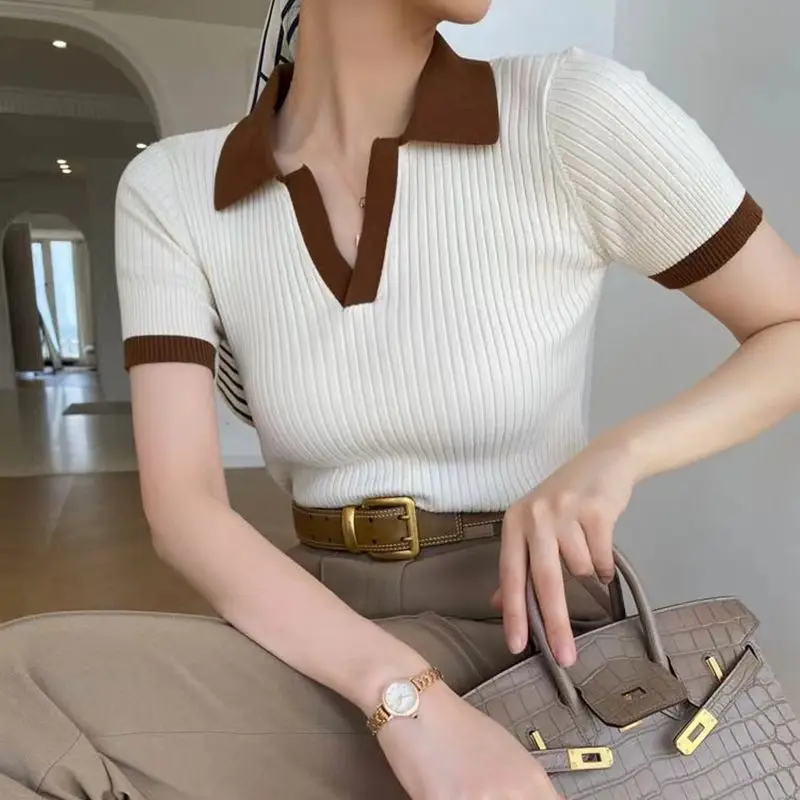 Top Trends: Vintage Knitted T-shirt Women's Polo Shirts Y2k Tops Short Sleeves Slim Korean Fashion Plus Size Luxury Designer Wear Shoppable Styles