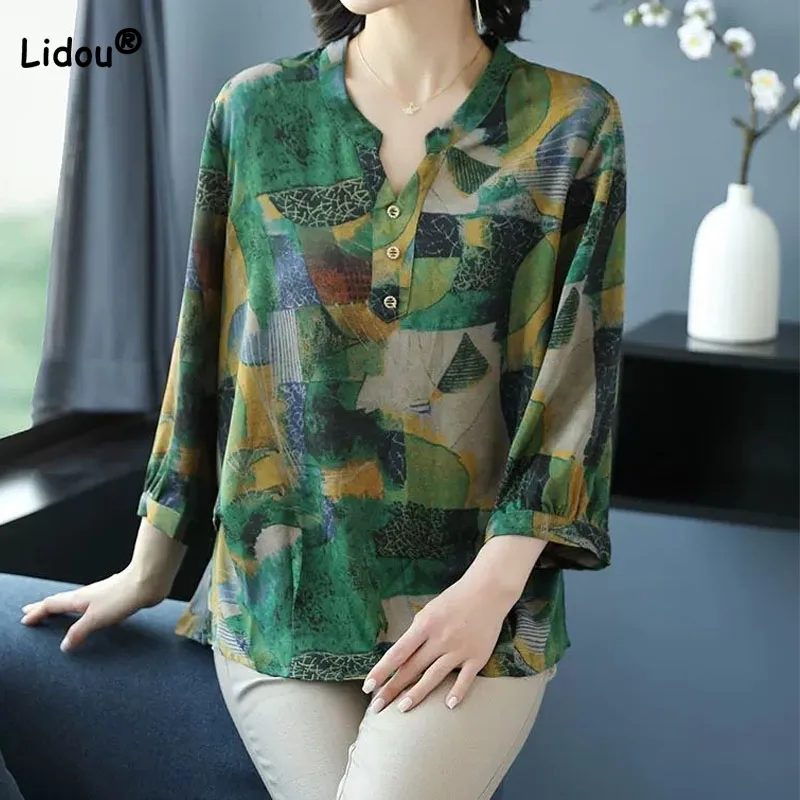 Top Trends: Casual Vintage Female Printed 3 / 4 Sleeve Tops 2023 Summer Loose All-match Round Neck Spliced T-shirt Fashion Women&#039;s Clothing Shoppable Styles