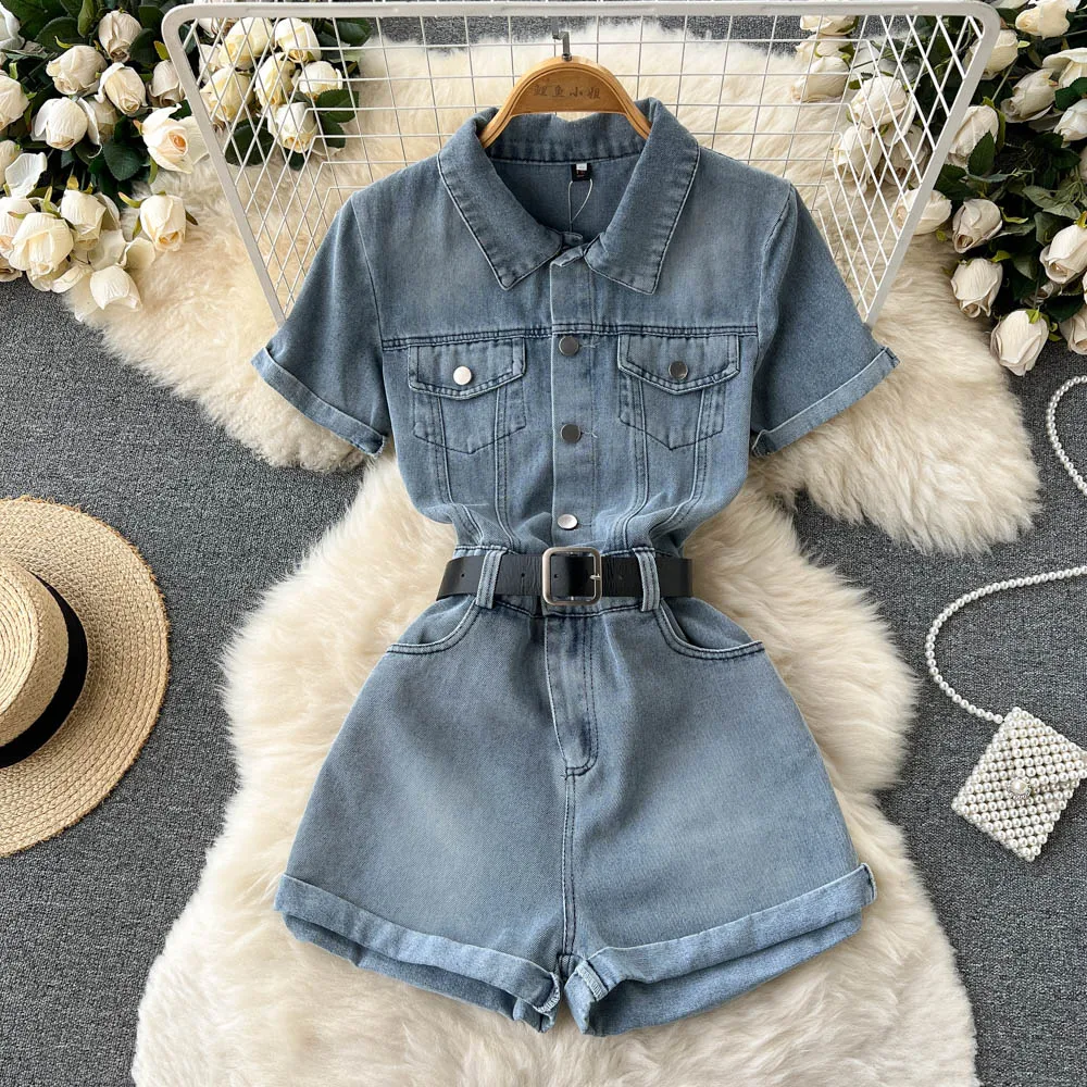 Top Trends: Tooling One-Piece Denim Suit Female Summer 2024 New Temperament Fashion High Waist Wide Leg Shorts Jumpsuits Overalls Shorts Shoppable Styles