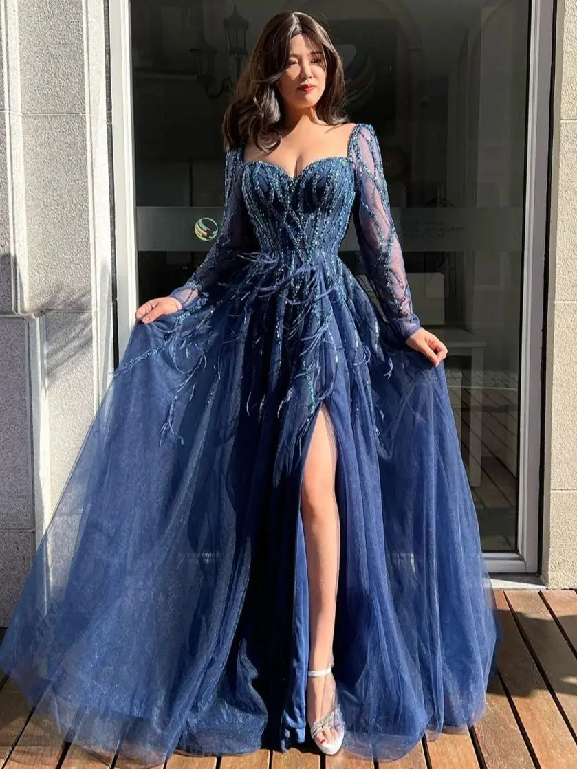 Top Trends: Vintage Lace Appliques Evening Dresses Woman's A Line Long Sleeve Sexy Side Slit Prom Dresses Formal Beach Party 2024 Vestidos Shoppable Styles