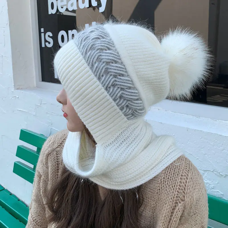 Top Trends: Korean Version Scarf Integrated Women&#039;s Scarf Hat Cycling Warm Hat Ear Protection Plush Knitted Hat Thickened Winter Hat Shoppable Styles