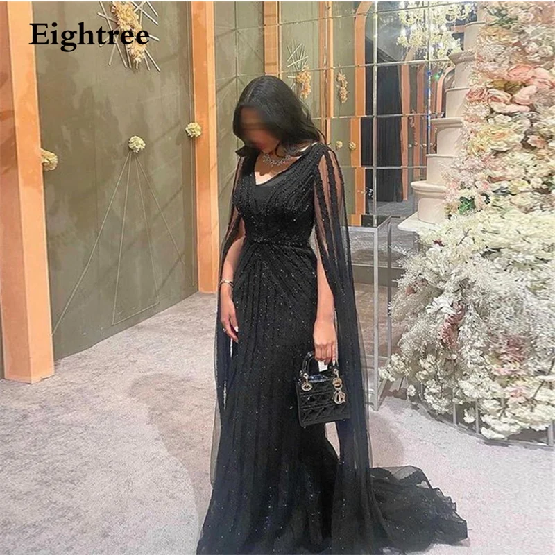 Top Trends: Eightree Black Elegant Mermaid Evening Dresses Long V-Neckline With Cape Sequined Formal Prom Dress Robe De Soiree De Mariage Shoppable Styles