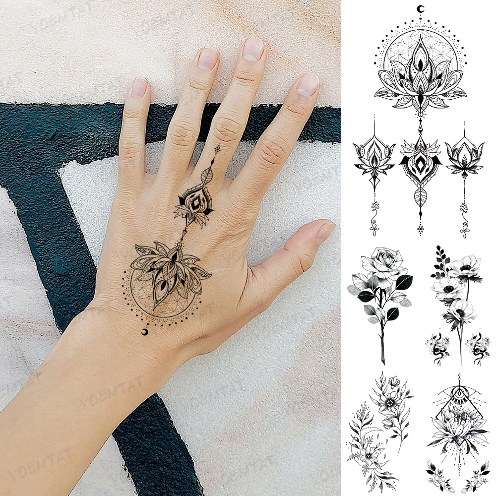 Top Trends: Waterproof Temporary Tattoo Sticker Black Henna Lace Arabian Lotus Totem Flower Flash Tatoo Women Finger Body Art Fake Tatto Men Shoppable Styles