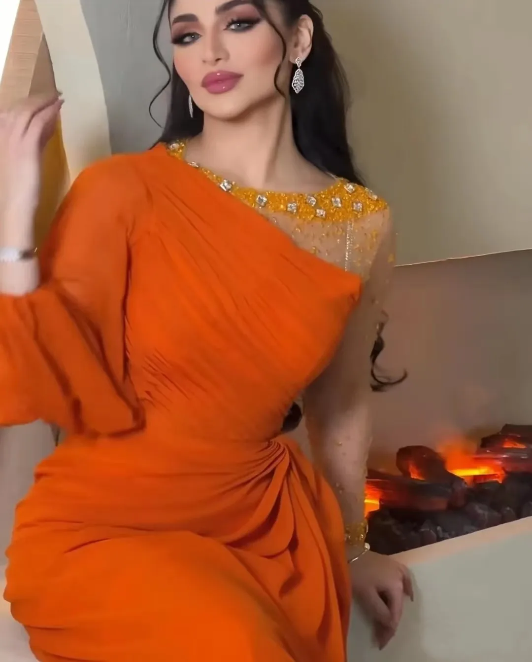 Top Trends: Saudi Arabia Women's Prom Dress Orange Beads One-Shoulder Tulle Sleeve Ankle-length Evening Dress Robes De Formal Party Dress Shoppable Styles