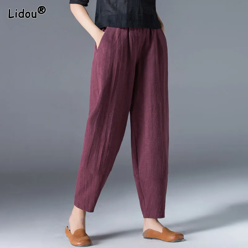 Top Trends: Casual Elastice Waist Blended Cotton Pockets Ankle-length Pants 2022 New Summer Women's Clothing Pants Comfortable Popularity Shoppable Styles