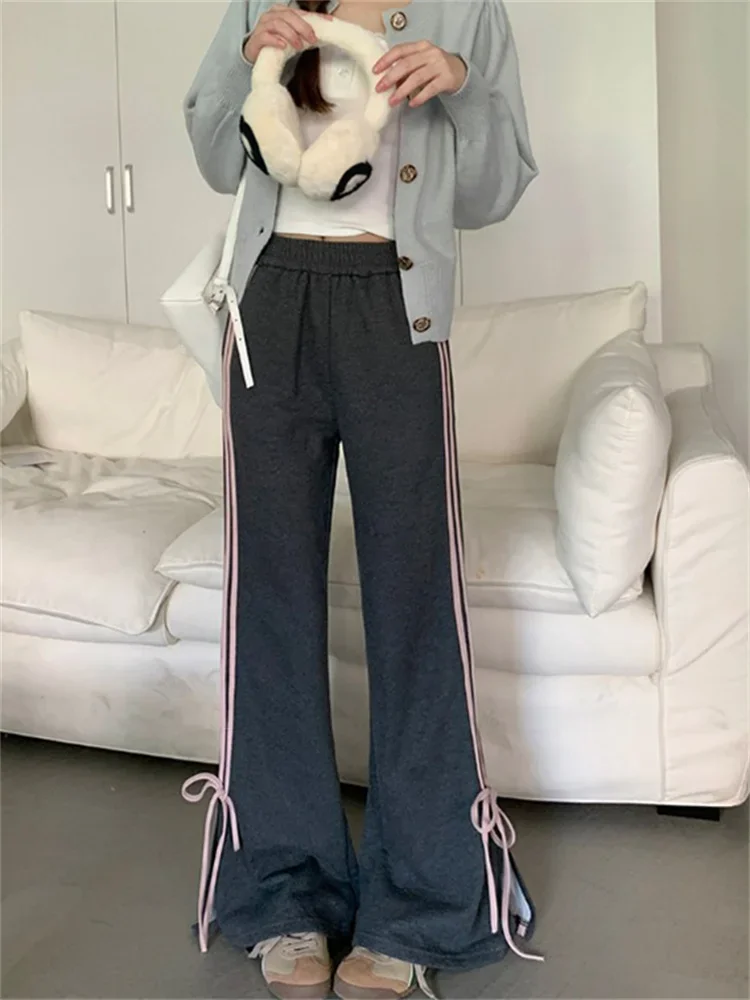 Top Trends: Deeptown Y2K Fairycore Bow Sweatpants Women Korean Fashion Ribbon Gray Jogger Pants Harajuku Sweet Girly Striped Flare Trousers Shoppable Styles