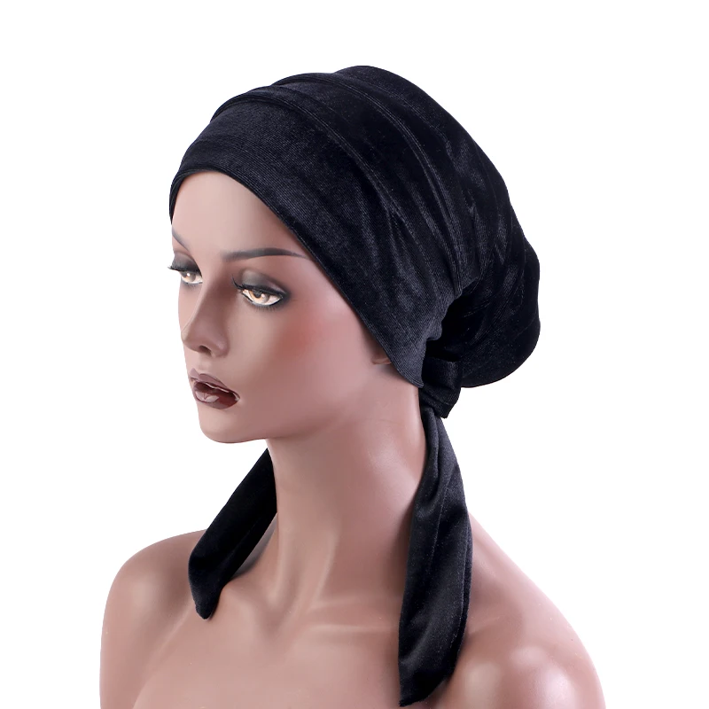 Top Trends: New Women Velvet Rasta Turban With Ribbon Head Wrap Beanie Hair Loss Chemo Slouchy Baggy Cap Bonnet African Nigerian Headwear Shoppable Styles - Image 3