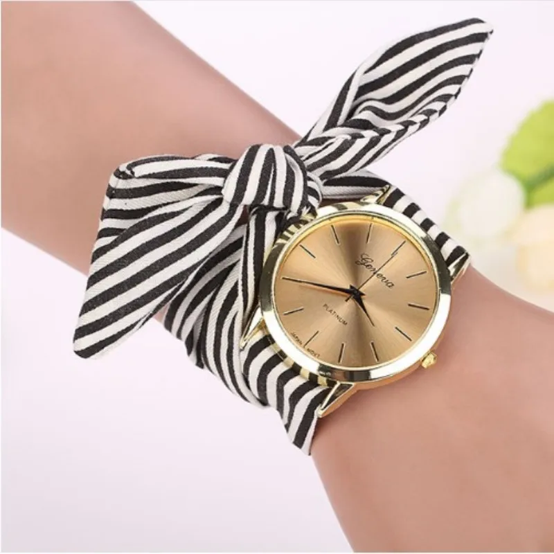 Top Trends: Fashion Women Watch Striped Floral Cloth Bow Female Girls Student Quartz Round Dial Tied Hands Watch Gifts часы женские наручные Shoppable Styles