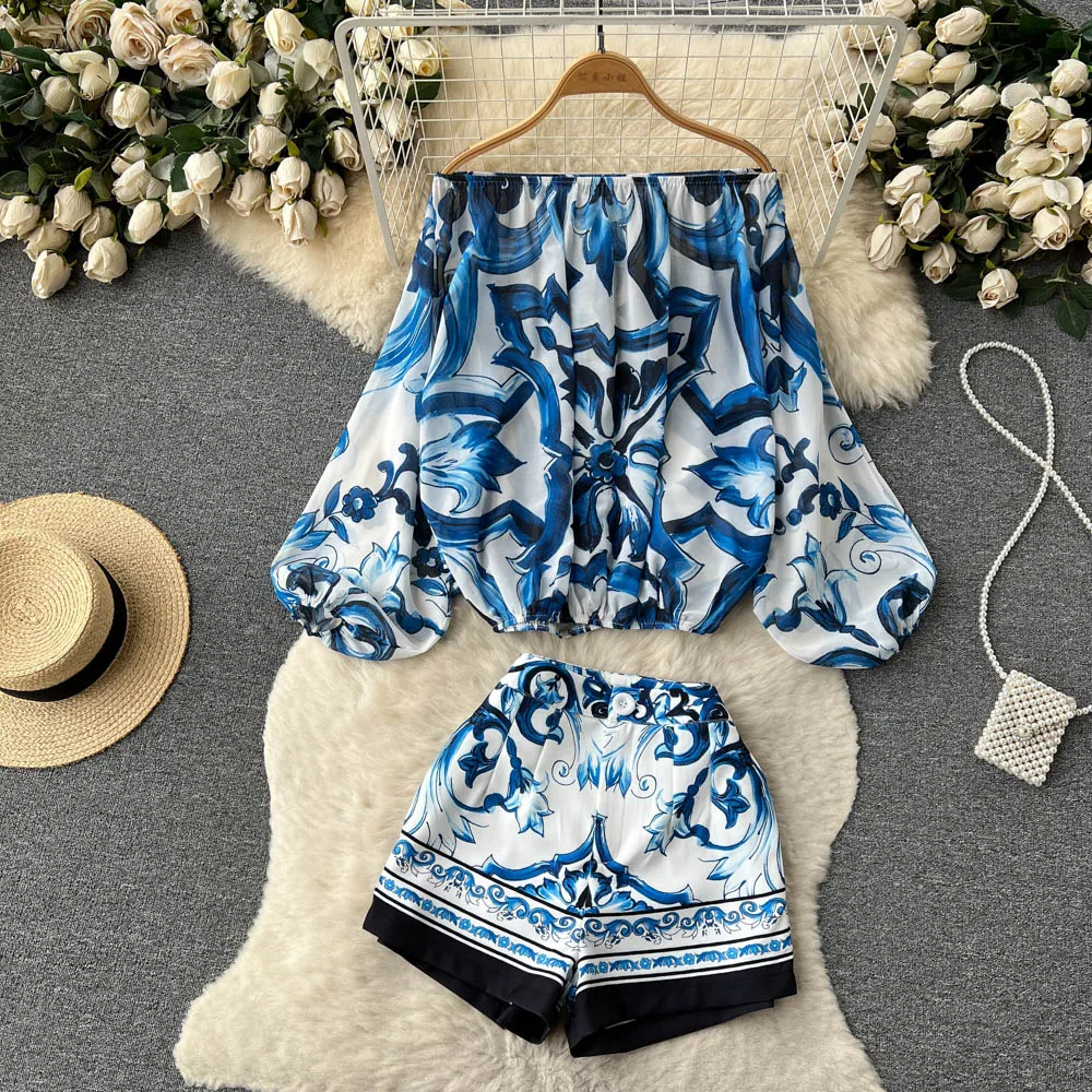 Top Trends: Banulin Summer Blue And White Porcelain Print Off Shoulder Blouse Tops + High Waist Shorts Suit Runway 2 Pieces Set For Women Shoppable Styles