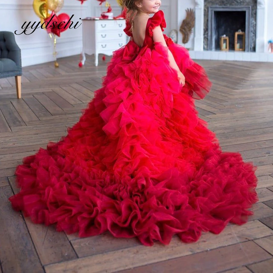 Top Trends: Red High / Low Fluffy Flower Girl Dress Kids Princess Lace Tea Length Wedding Fold Sweetheart Tulle Beach Sleeveless Prom Dresses Shoppable Styles