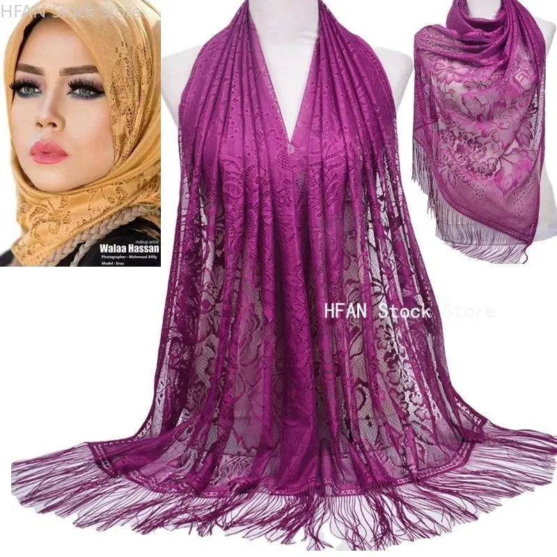 Top Trends: Elegant Women Floral Lace Scarf Shawl Tassels Party Wedding Lace Veil India Arab Muslim Hijabs Scarves 180*60Cm Shoppable Styles