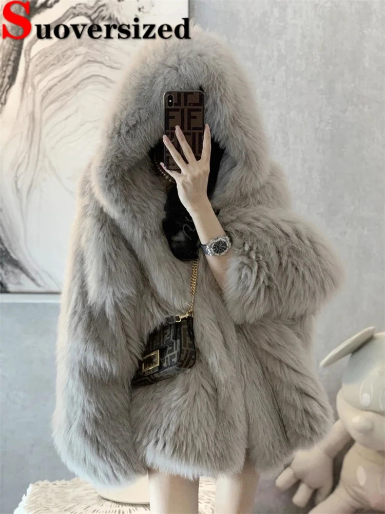 Top Trends: Hooded Winter Faux Fox Fur Coats Korean Fashion Furry Jacket Warm Thick Luxury Plush Casaco Loose Casual Women New Chaquetas Shoppable Styles