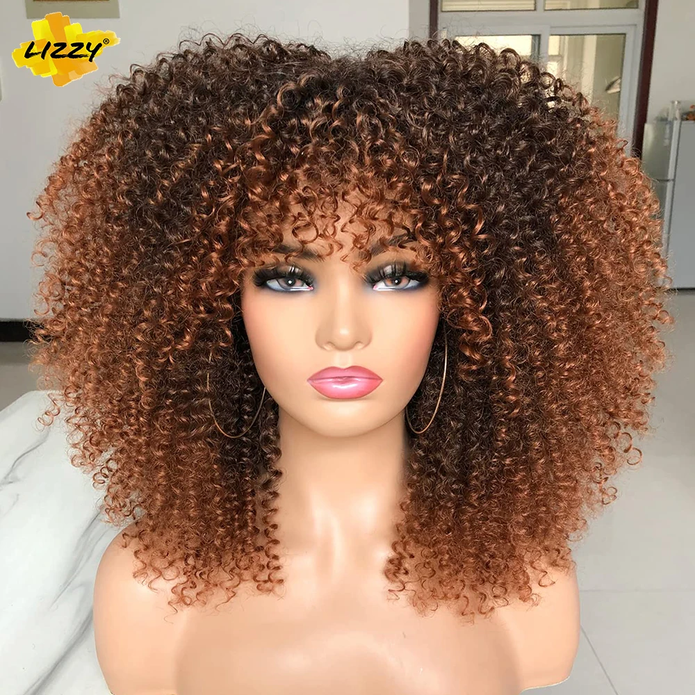 Top Trends: Short Afro Curly Wig With Bangs Synthetic African Glueless Fluffy Black Ombre Brown Curly Women's Wigs Shoppable Styles