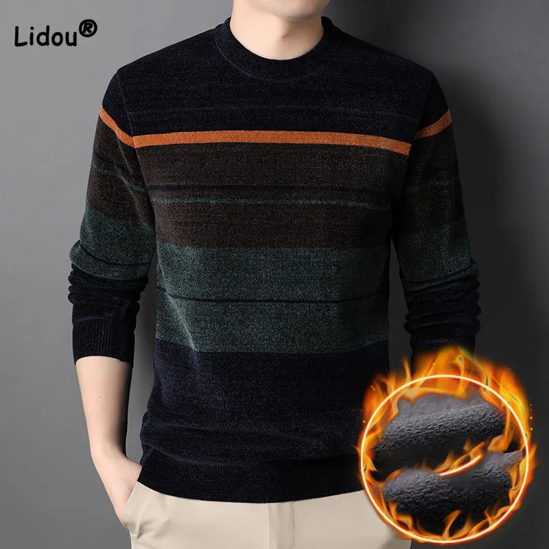 Top Trends: Fashion Casual Thickening Round Neck Striped Men's Sweaters Autumn Winter Classic Long Sleeve Warm Knit Pullovers Male Clothes Shoppable Styles