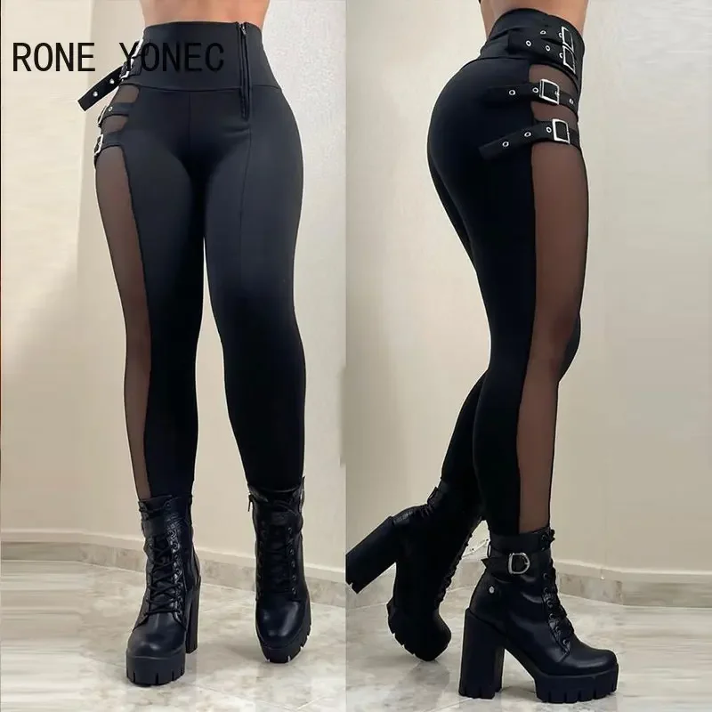 Top Trends: Women Mesh Patch Buckled High Waist Zipper Pants Skinny Spring&Autumn Black Pencil Pants Shoppable Styles