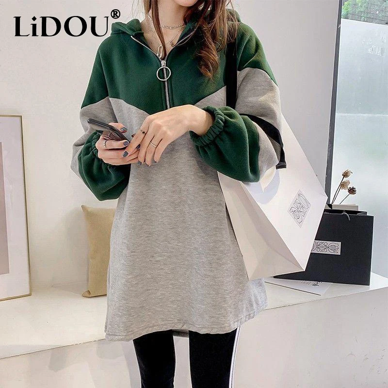 Top Trends: Spring Autumn Oversized Loose Casual Fashion Patchwork Midi Hoodies Top Women Zipper Sweatshirt Comfortable All-match Pullover Shoppable Styles