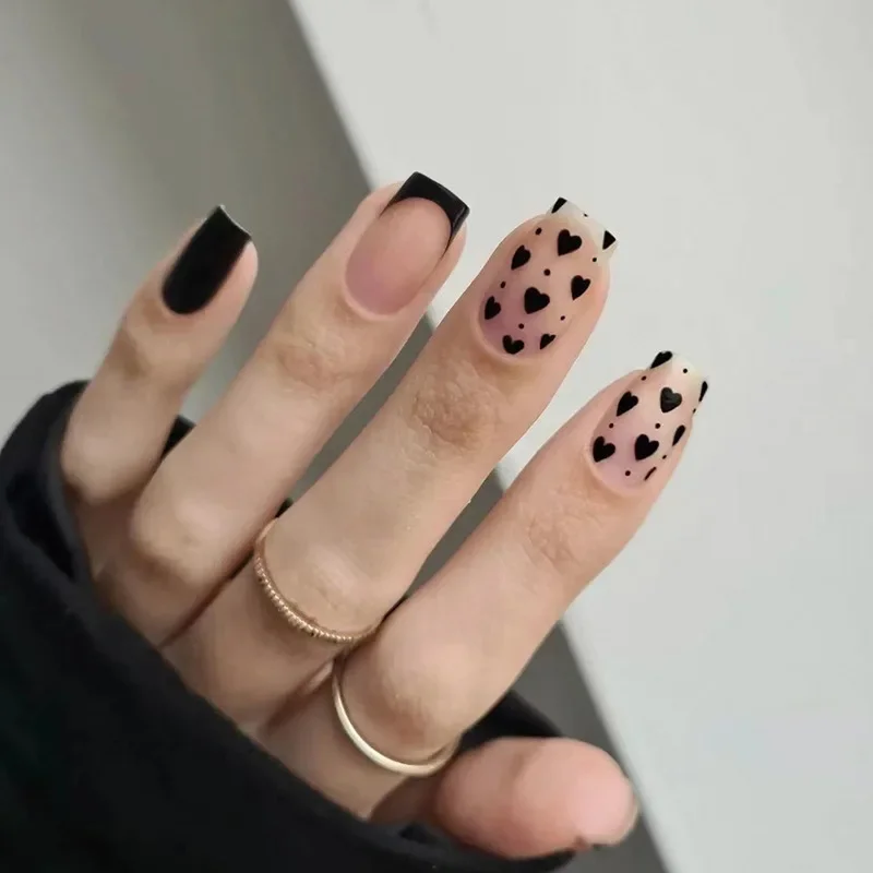 Top Trends: Black French Cute Love Heart Wearable Nail Art Glossy Short Fake Nails Detachable Finished False Nails Press On Nails With Glue Shoppable Styles