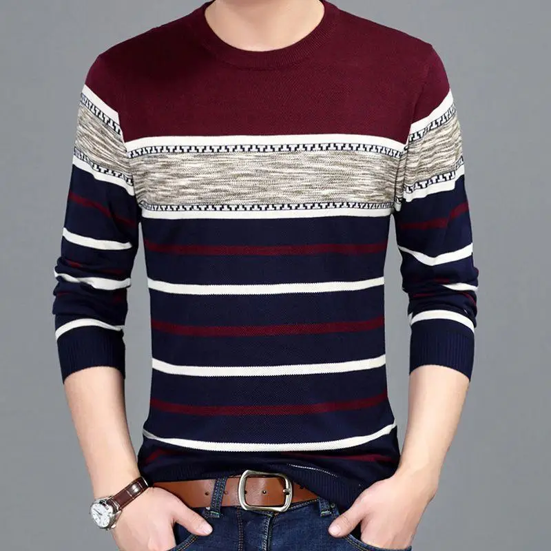 Top Trends: Streetwear Fashion Men Bottoming Sweater Autumn Winter Male Clothes Contrast Striped Basic Casual Long Sleeve Knit Pullovers Top Shoppable Styles