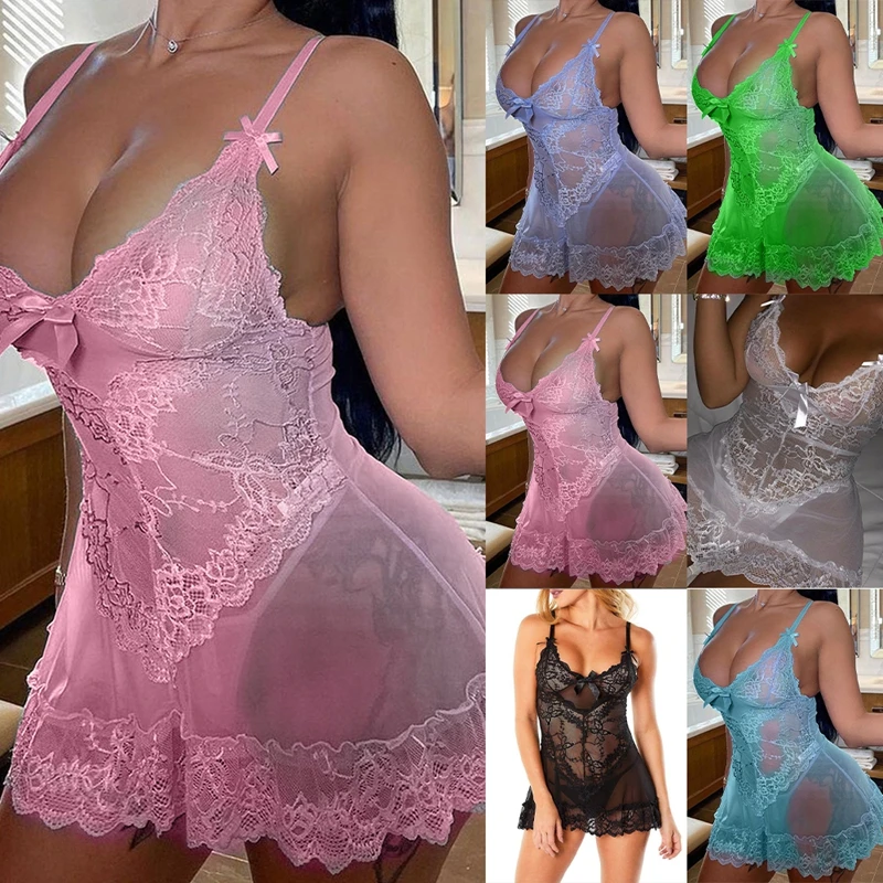 Top Trends: Plus Size Women Sexy Lace Nightdress Night Dress V Neck Sleeveless Spaghetti Straps Mesh See-through Nightgown Exotic Lingerie Shoppable Styles