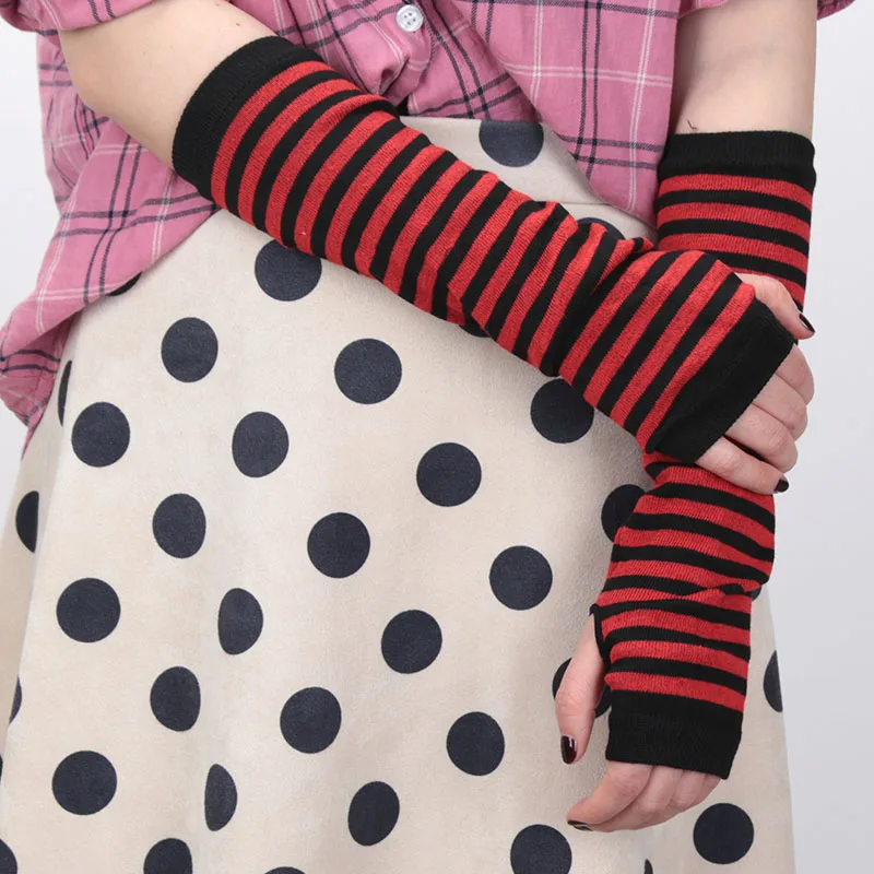 Top Trends: 1 Pair Women Stripe Long Fingerless Gloves Fashion Girls Elbow Gloves Arm Warmer Knitted Touch Screen Mittens Accessories Gift Shoppable Styles