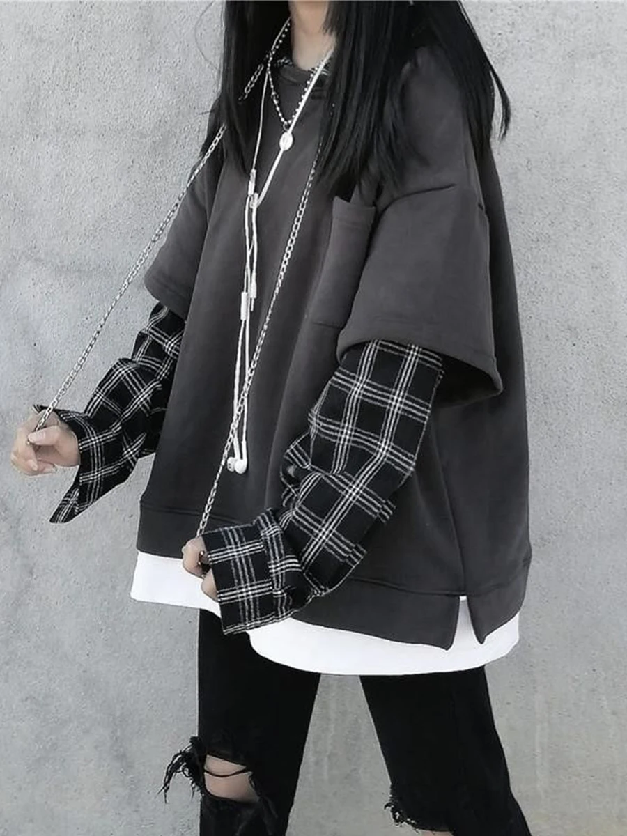 Top Trends: Fake Two Piece Hoodie Women Harajuku Plaid Sweatshirts Japan Kawaii Hoodie Casual Pullovers Tops Gray Oversize Basic Hoodies Shoppable Styles