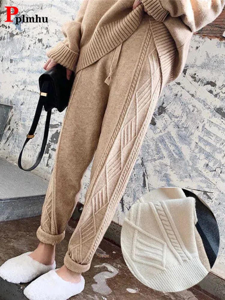 Top Trends: Casual Knitted Harem Pants High Waist Womens Thick Ankle-length Sweatpants Korean Knit Stretch Jogger Trousers 2024 Winter Warm Shoppable Styles