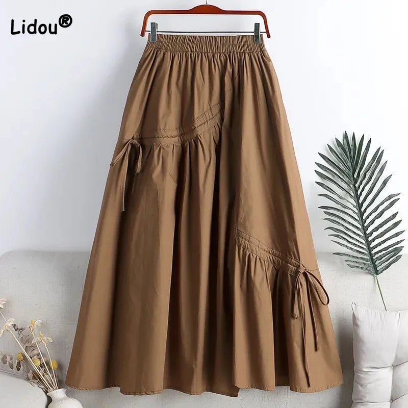 Top Trends: Korean Fashion Lace Up Spliced Solid Color Female Skirt 2023 Summer Trend All-match Elastic High Waist Skirts Women&#039;s Clothing Shoppable Styles