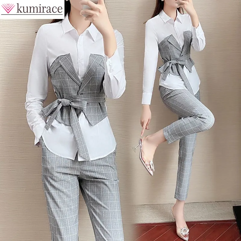 Top Trends: South Korea Popular Summer New Elegant Women's Pants Suit Thousand Bird Grid Splicing Shirt Casual Trousers Two-piece Set Blazer Shoppable Styles