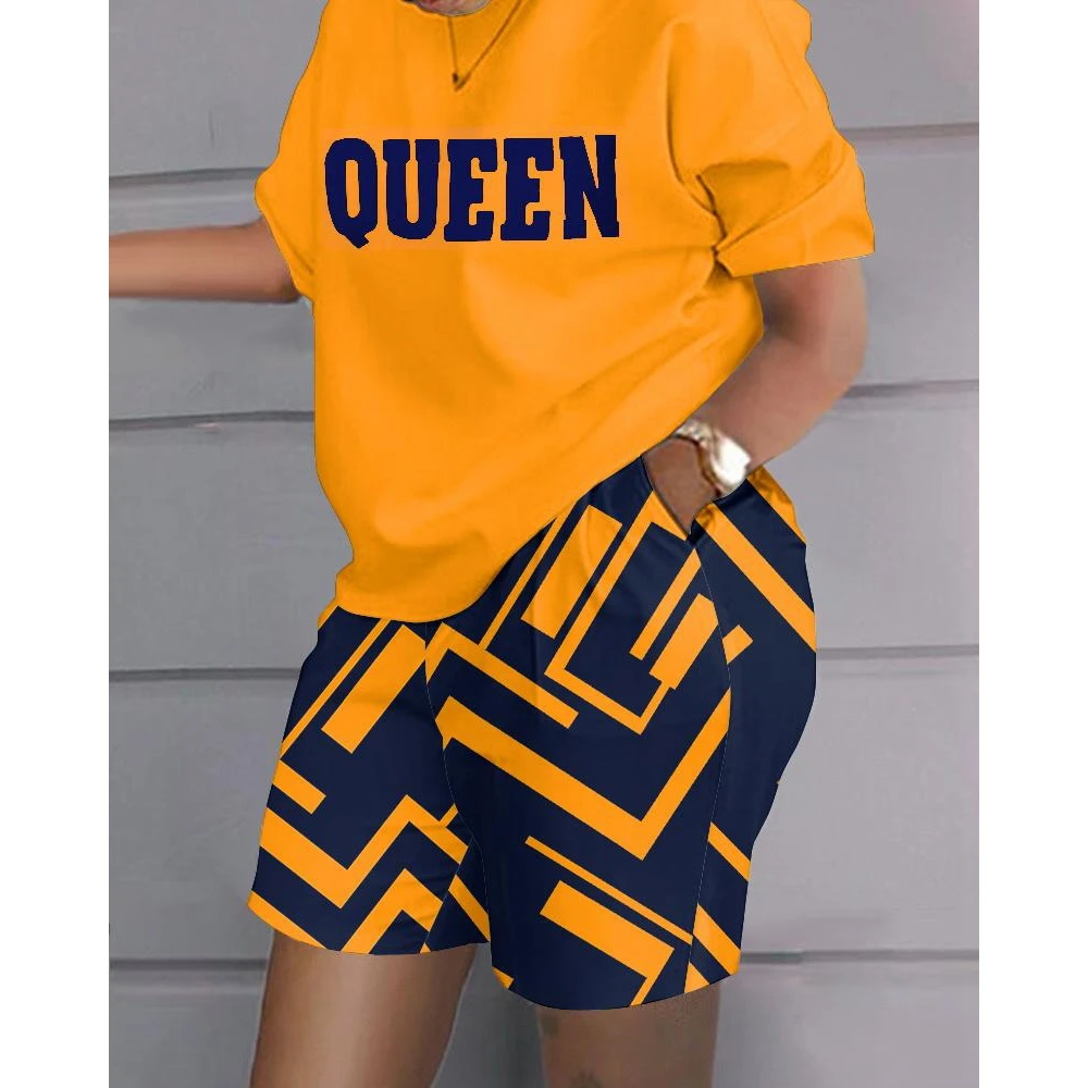 Top Trends: Women Queen Letter Print Top &amp; Colorblock Shorts Set Female O-Neck Short Sleeve 2 Piece Casual Summer 2023 Outfits Clothing Shoppable Styles