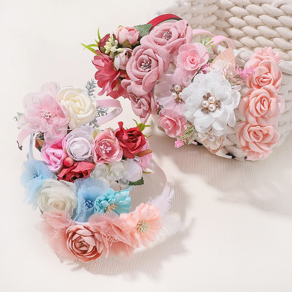 Top Trends: Flower Baby Girls Headbands Handmade Head Hairband Pearl Feather Wedding Princess Kids Dance Party Headwear Newborn Accessories Shoppable Styles