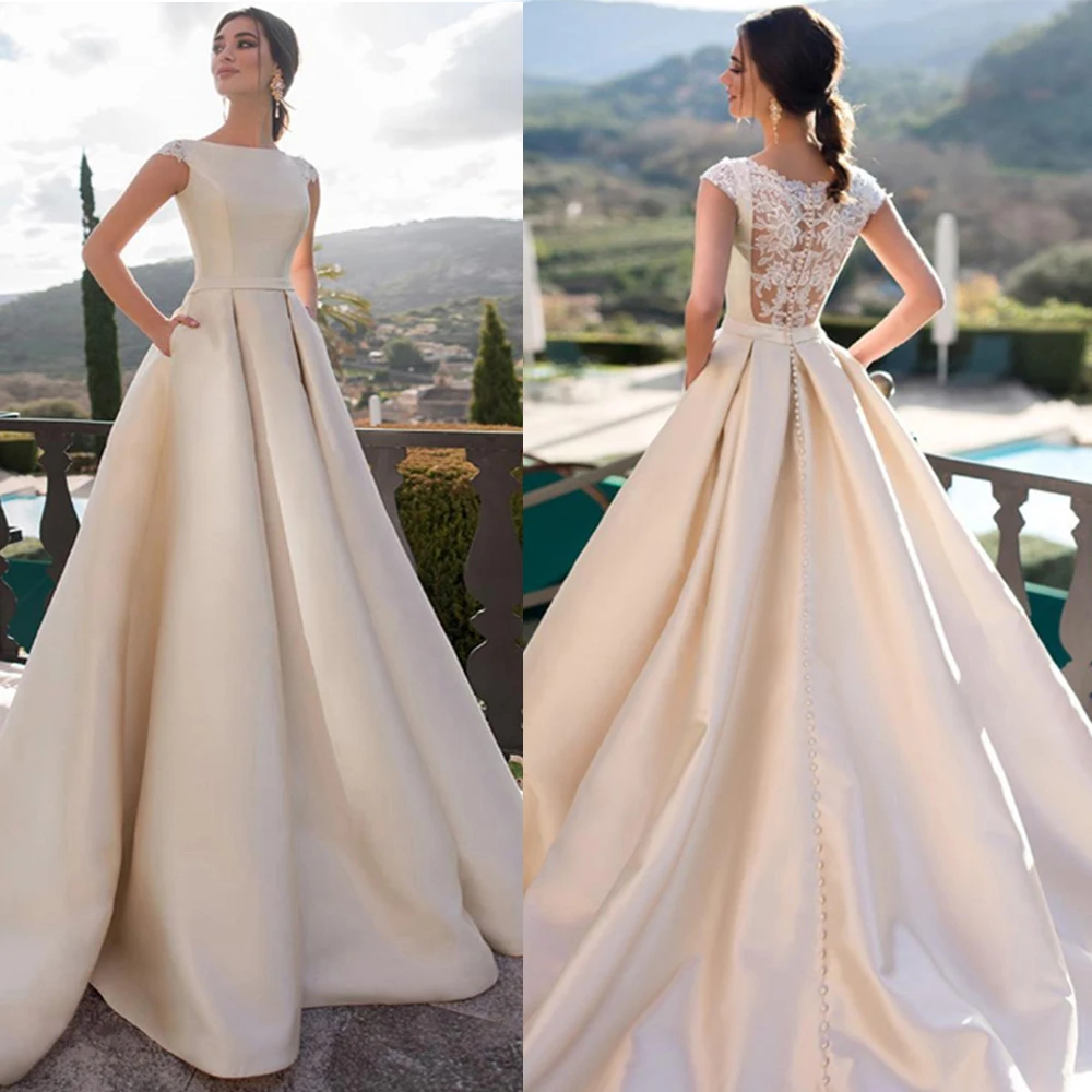 Top Trends: YEEH Plain Draped Satin A-Line Wedding Dress For Bride Princess Lace Back Robe De Soire Modern Cap Sleeves Vestido De Novia Shoppable Styles - Image 3