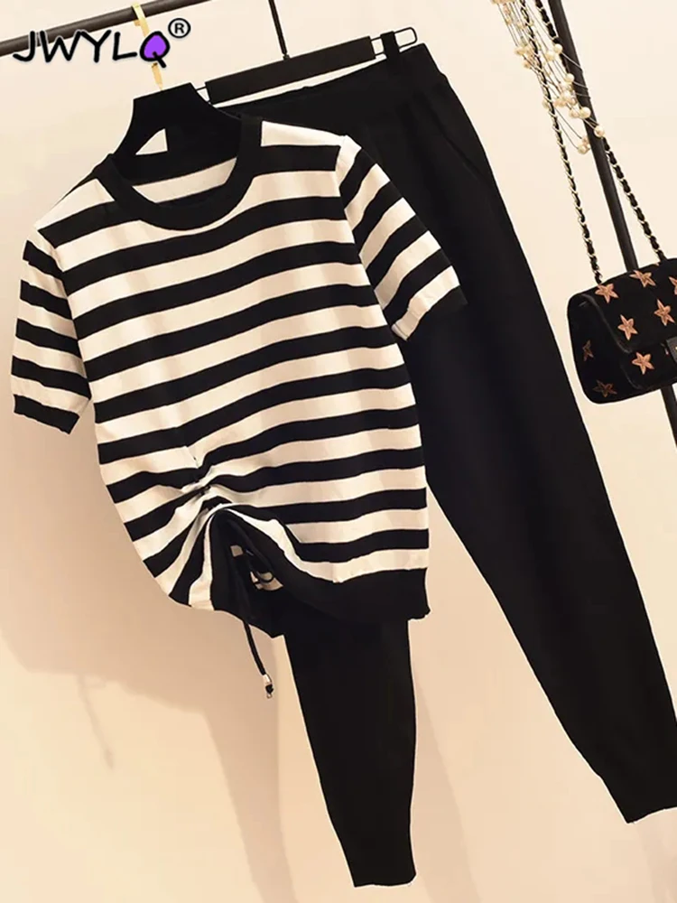 Top Trends: 2023 Spring Summer O-neck Stripe Stitching Drawstring Top+ high Waist Pants Suit Fashion Streetwear Knitted Two Piece Set Women Shoppable Styles