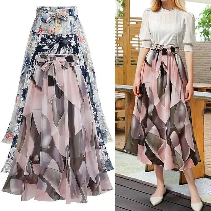 Top Trends: TFETTERS Summer Floral Skirt High Waist Chiffon Midi Skirt White Pink Blue Color 2023 New A World Tie Bow Print Skirts Women Shoppable Styles