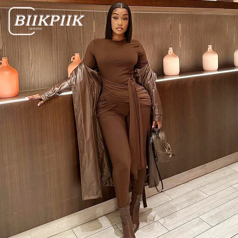 Top Trends: BIIKPIIK Sexy Brown Slim Fit Women Jumpsuits Casual Long Sleeve Rompers Designed Overalls Fitness Warm Autumn Outfits Club Party Shoppable Styles