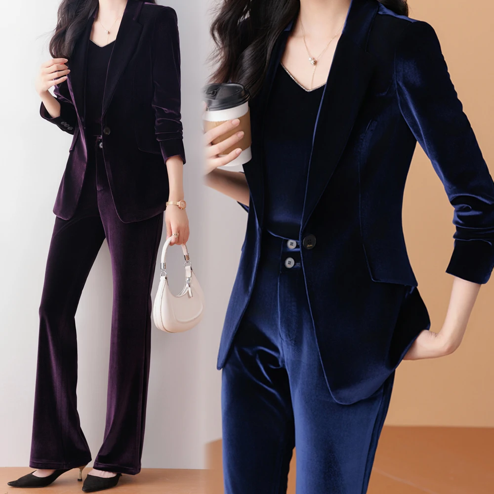 Top Trends: Korean Formal Blazer For, Women Women&#039;s Thick Warm Blazer And Pants Suit, Quality Shiny Velvet Office Work Wear 2 Pcs Winter Shoppable Styles