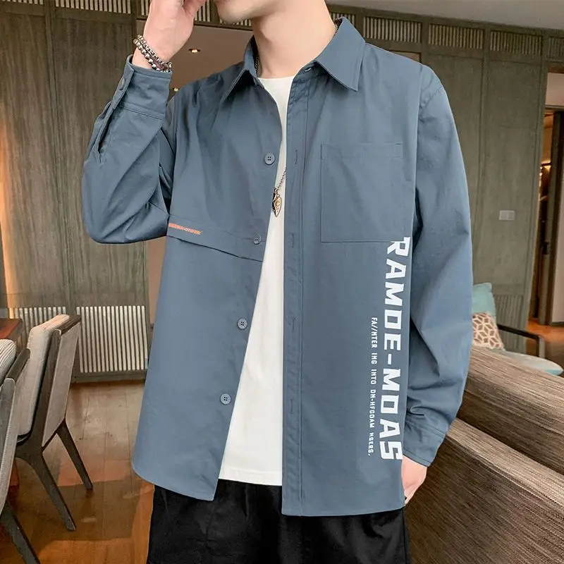 Top Trends: Fashion Button Spliced Printed Letter Loose Shirts Men Clothing 2022 Autumn New Oversized Casual Tops Loose Korean Shirt Shoppable Styles