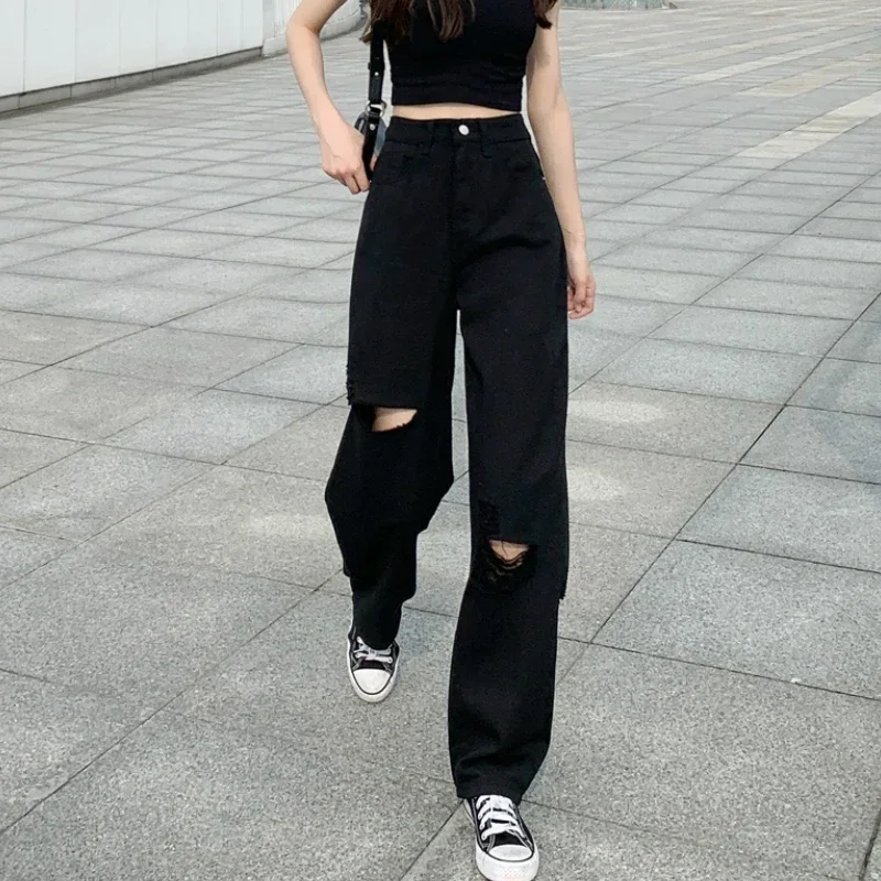 Top Trends: Women Wide Leg Hip-hop Mopping Vintage Summer High Street Jeans Holes Black Chic Oversized S-5XL Oversize Harajuku Casual Pants Shoppable Styles