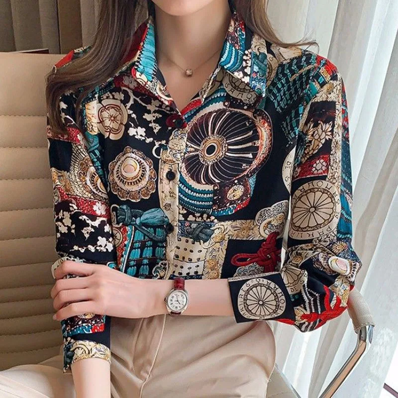 Top Trends: Vintage Folk Style Printed Shirt Fashion Women's Clothing Spring Autumn All-match Long Sleeve Button Turn-down Collar Blouse Shoppable Styles