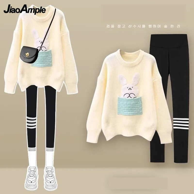 Top Trends: Women&#039;s 2023 Autumn Winter New Loose Sweater High Waist Slim Fit Shark Pants Two Piece Korean Elegant Tracksuit Matching Set Shoppable Styles