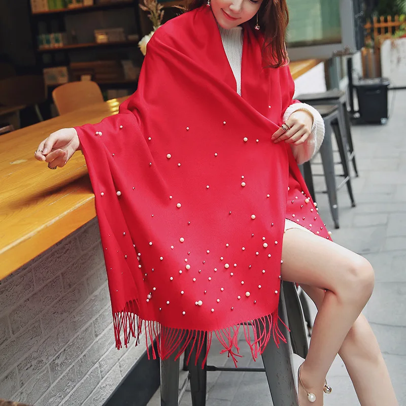 Top Trends: 2022 Winter Cashmere Scarf With Pearls Women&#039;s Tassels Wraps And Shawls Long Muslim Hijab Foulard Femme Beading Wool Pashmina Shoppable Styles