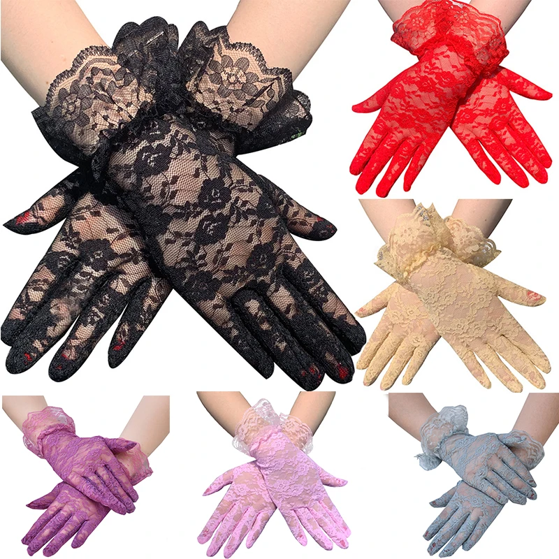 Top Trends: Women Sexy Lace Short Tulle Gloves Elegant Lady Lotus Leaf Sheers Gloves Ultra Thin Floral Stretchy Gloves Full Finger Mittens Shoppable Styles