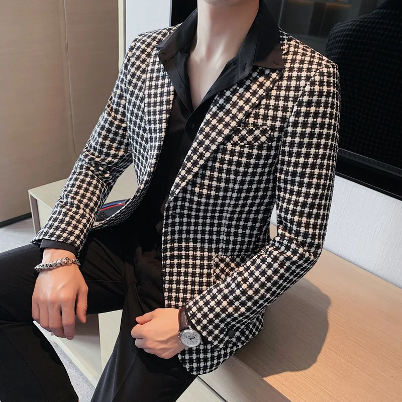 Top Trends: 2023 High Quality British Style Handsome Houndstooth Blazer Men Clothing Simple Slim Fit Formal Wear Business Suit Jackets Coat Shoppable Styles